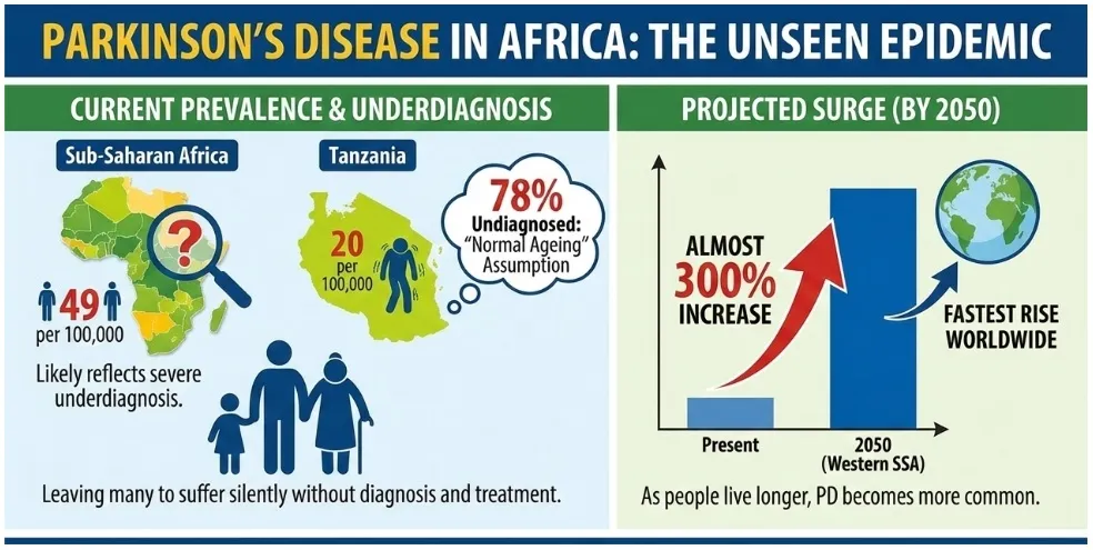 Infographic titled “Parkinson’s Disease in Africa: The Unseen Epidemic”.